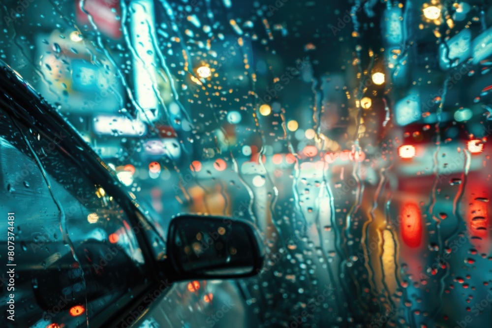 Rainy view of a car through a windshield, ideal for automotive concepts