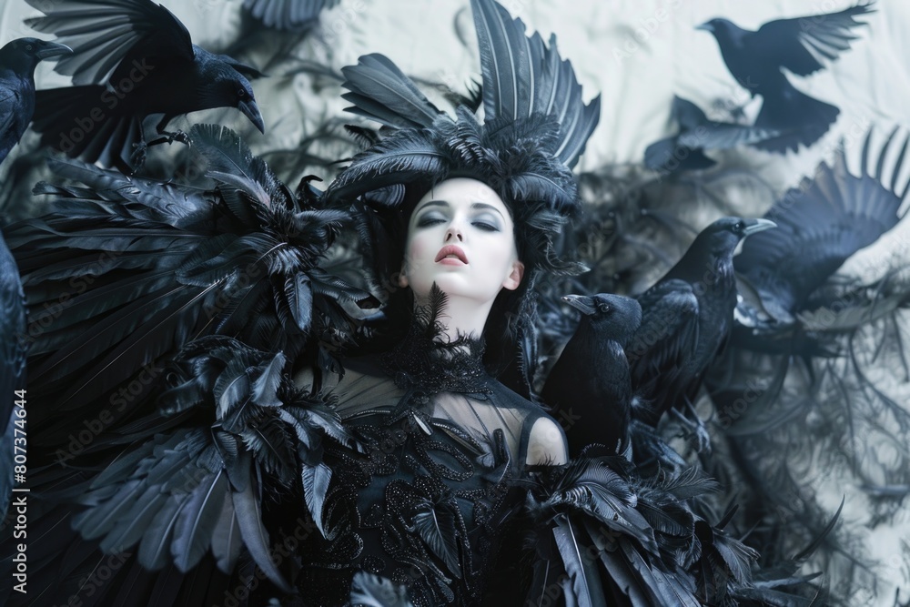 Elegant woman in black dress with feathers, perfect for fashion or Halloween themes Elegant woman in black dress with feathers, perfect for fashion or Halloween themes