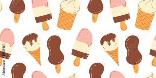 Ice cream pattern - popsicle with chocolate glaze on stick, cone, vanilla waffle cup, striped. Seamless print of sweet summer food on white background. Cold desserts. Sweetness. Vector illustration