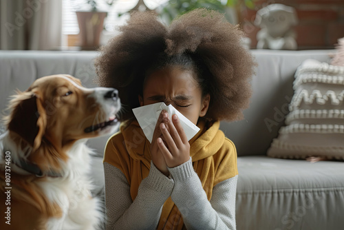 Allergic Reaction To Fur. Sick black girl sneezing and sniffle holding paper tissue. Ill kid having rhinitis suffering from running nose caused by her pet dog, sitting on sofa photo