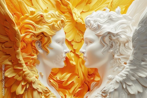 A pair of angel statues in white and yellow colors. Suitable for religious or spiritual concepts