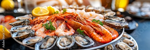 banner seafood shrimp and mussels with lemon on a large plate in a restaurant