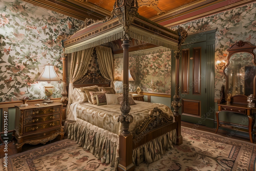 Fototapeta premium Victorian Bedroom with Canopy Bed and Floral Wallpaper