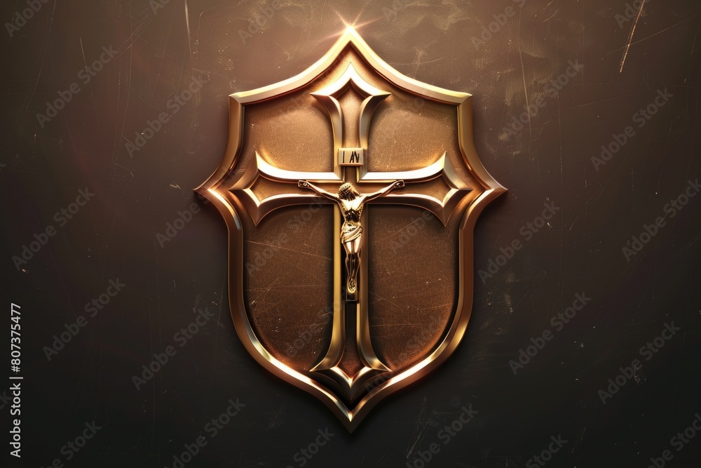 Fototapeta premium Gold shield with cross symbol on a wall, suitable for religious themes