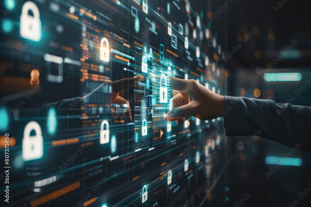 Fototapeta premium Secure encryptions control access to technological platforms; DRM locks and privacy management integrate innovation within secure digital environments.