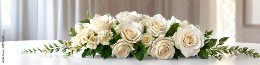 Abstract background the bride's bouquet, a beautiful composition of white blossoms and vibrant greens, serves as the centerpiece of her wedding ensemble.