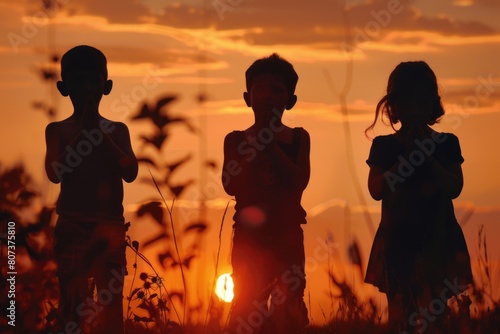 Three children standing in a field at sunset. Suitable for various family or outdoor lifestyle concepts
