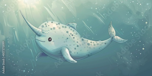 Cute cartoon narwhal swimming in the ocean  perfect for children s books or educational materials