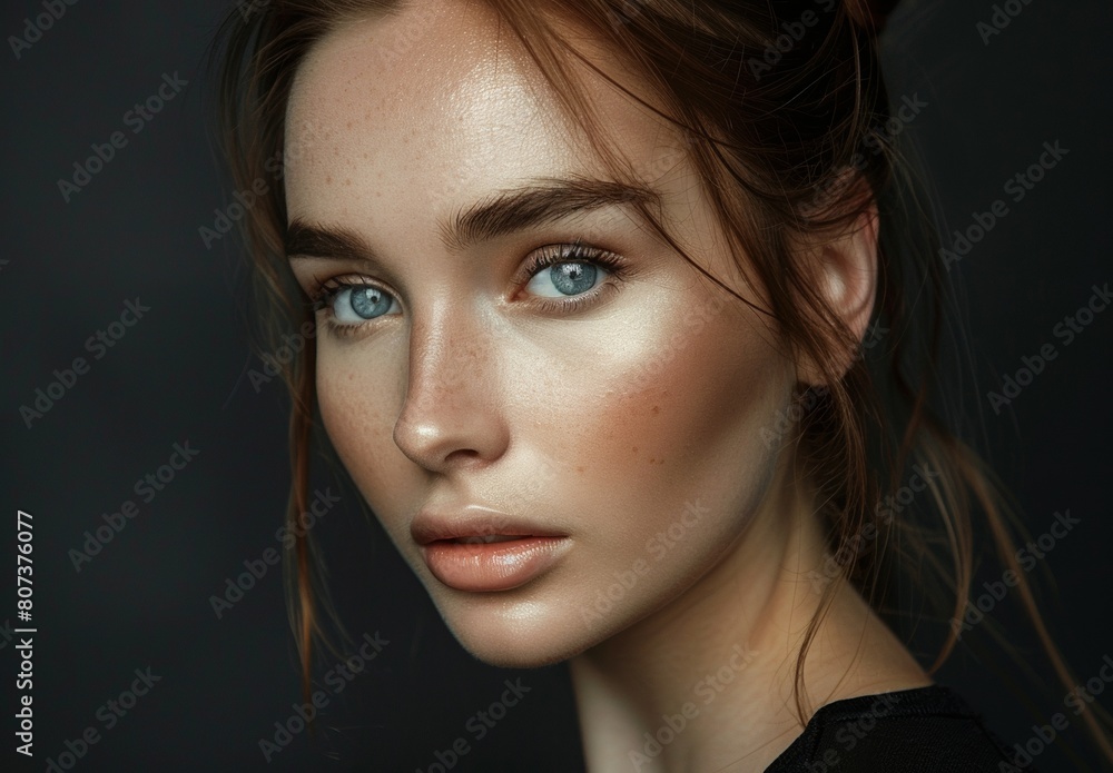 Close-up portrait of a beautiful young woman featuring intense eye contact and bold red lipstick, emphasizing her elegant beauty. Close-up portrait of a beautiful young woman featuring intense eye contact and bold red lipstick, emphasizing her elegant beauty.