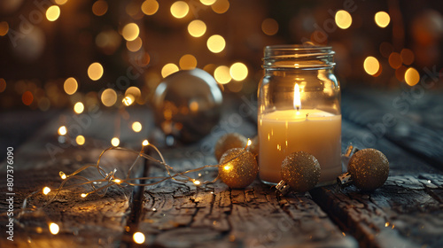 Candle in jar with gold baubles and festive lights photo