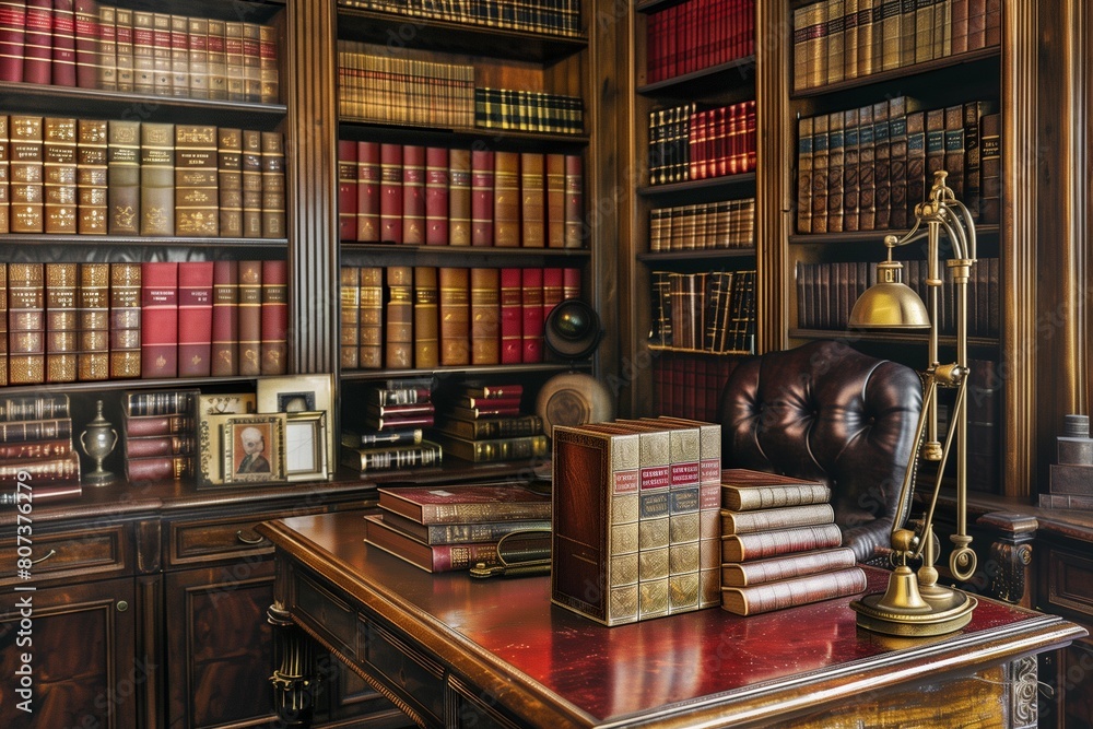 Victorian Home Study with Leather-bound Books and Brass Accents