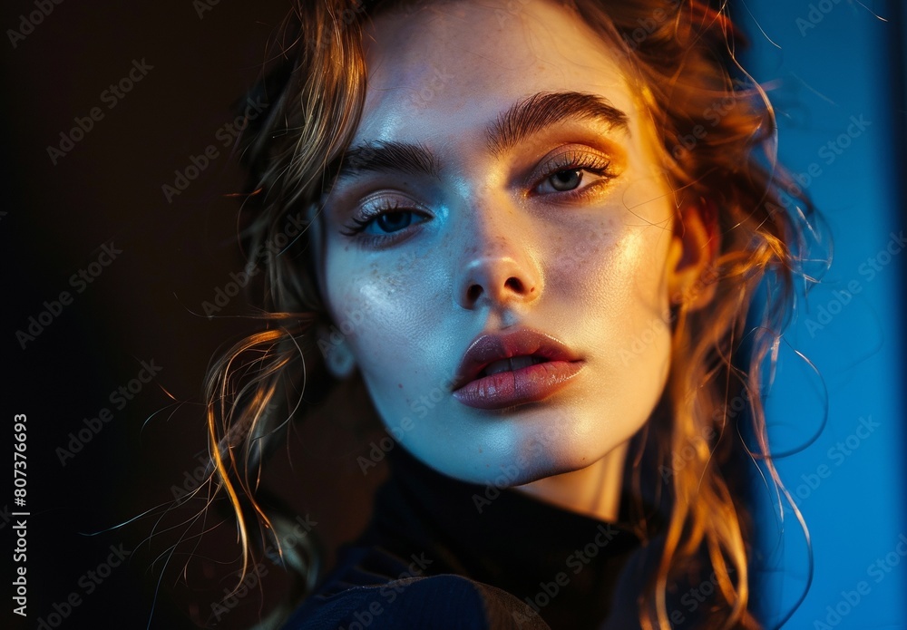 Close-up portrait of a beautiful young woman featuring intense eye contact and bold red lipstick, emphasizing her elegant beauty. Close-up portrait of a beautiful young woman featuring intense eye contact and bold red lipstick, emphasizing her elegant beauty.