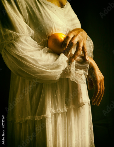 woman in white romantic style dress holding an orange in her arms III