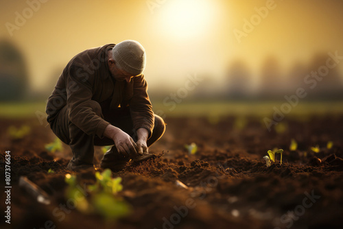 Asian oriental farmers plant vegetables in the patch seedbed fields.Hard work of agriculturists nurturing the land for a bountiful harvest. Agricultural farm, growing greenery for community Soft Focus