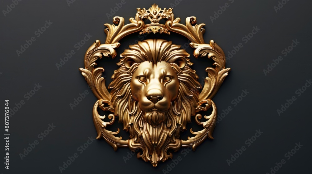 A striking golden lion head mounted on a black wall. Perfect for interior design projects