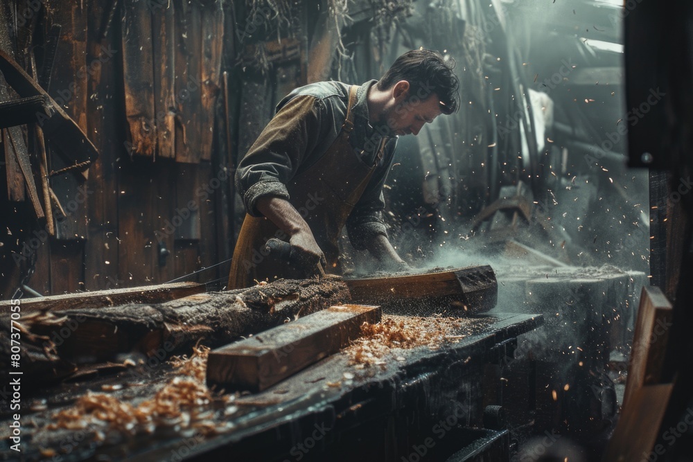 A man working on a piece of wood, perfect for woodworking projects A man working on a piece of wood, perfect for woodworking projects