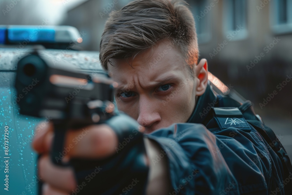 A man with a gun standing in front of a police car. Suitable for crime or law enforcement concepts A man with a gun standing in front of a police car. Suitable for crime or law enforcement concepts