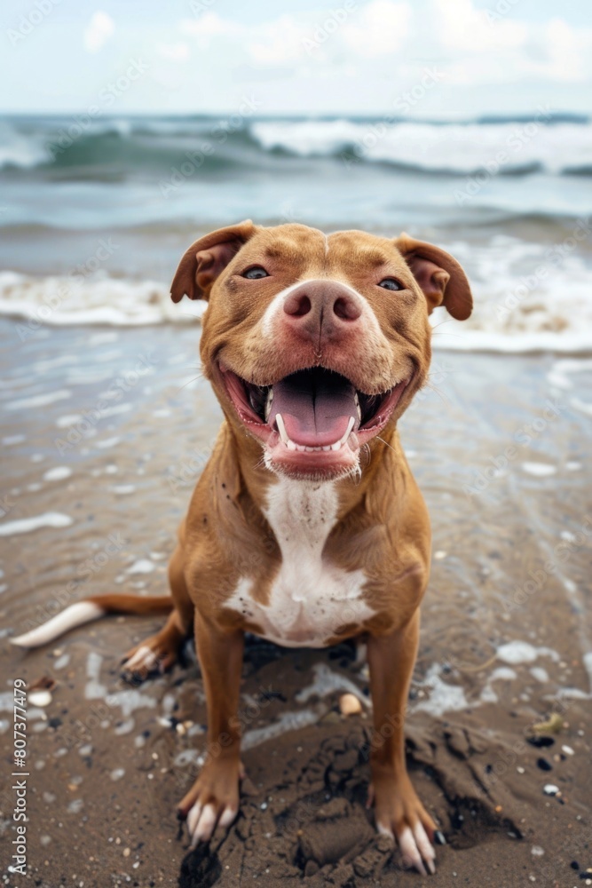 A brown and white dog sitting on a sandy beach. Perfect for pet lovers and beach enthusiasts A brown and white dog sitting on a sandy beach. Perfect for pet lovers and beach enthusiasts