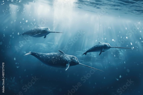 Group of dolphins swimming gracefully in the ocean. Suitable for marine life concepts © Fotograf