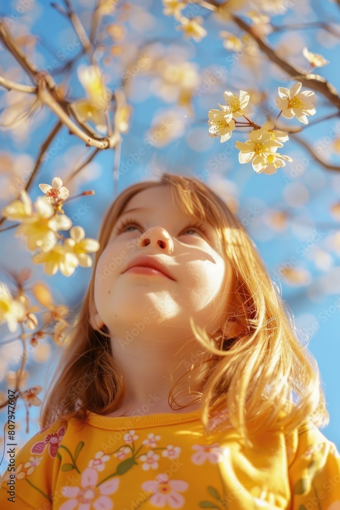 A young girl standing in front of a tree with flowers. Suitable for nature and childhood themes A young girl standing in front of a tree with flowers. Suitable for nature and childhood themes