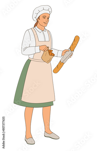 female character baker in uniform holding paper bag with fresh croissants and baguette bread 