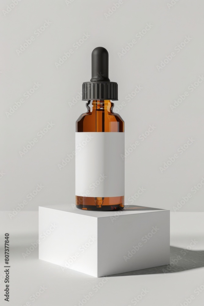 Bottle of liquid on white box, ideal for product display