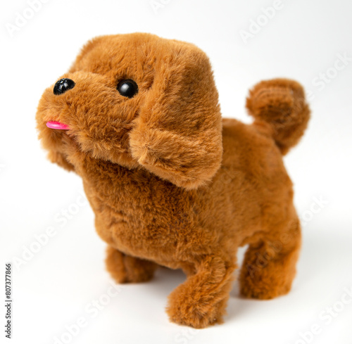 A stuffed dog toy. Cute toy puppy shot on a gray background