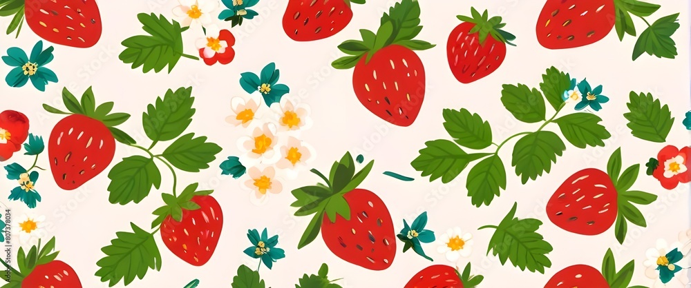 Clean and repeat seamless pattern of strawberries with floral ornaments, flowers and leaves in the background scene. Vector illustration. Generative AI Clean and repeat seamless pattern of strawberries with floral ornaments, flowers and leaves in the background scene. Vector illustration. Generative AI