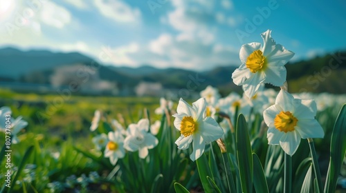 Beautiful field of white and yellow flowers with majestic mountains in the background. Perfect for nature and landscape themed projects
