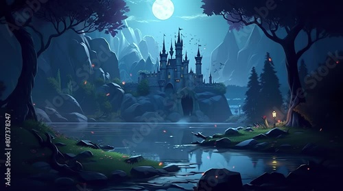 Majestic castle overlooking a tranquil lake under the enchanting glow of a full moon.
Seamless looping 4k time-lapse virtual video animation background. Generated AI photo