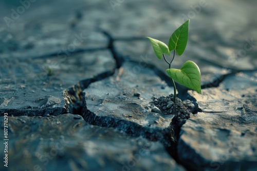 A small plant growing in a crack on the ground. Suitable for environmental themes