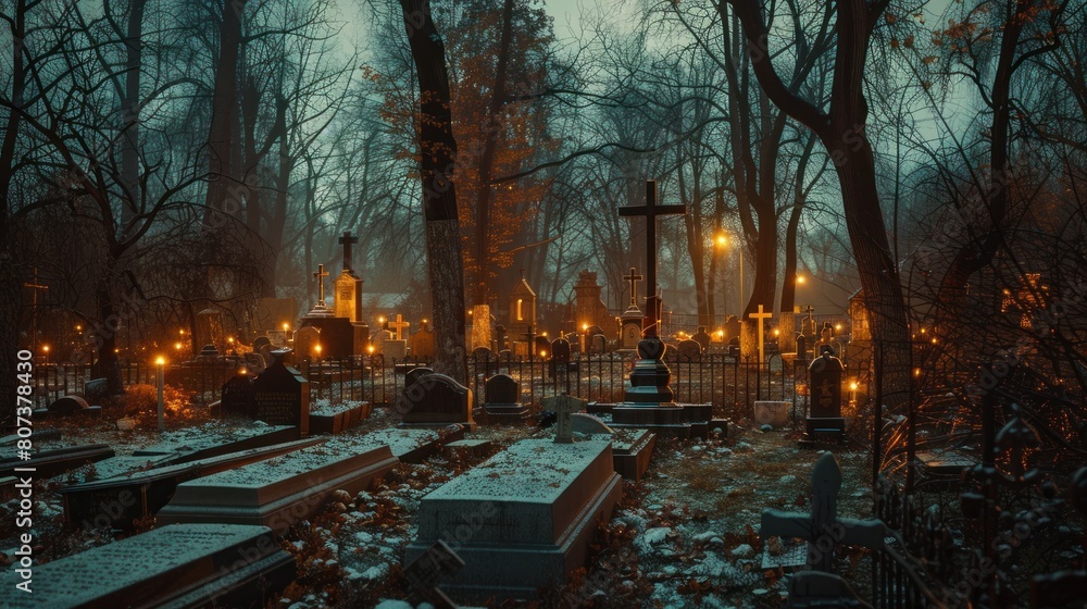 cemetery at night with dim lights.AI generated image