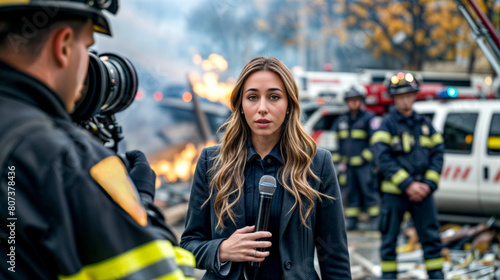 A woman is standing in front of a fire with a microphone