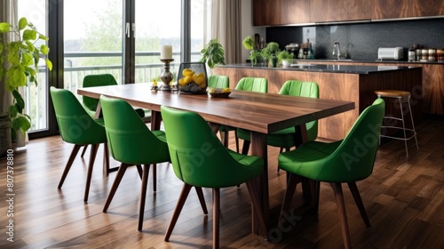 Modern kitchen interior with wooden dining table and green chairs.AI generated image