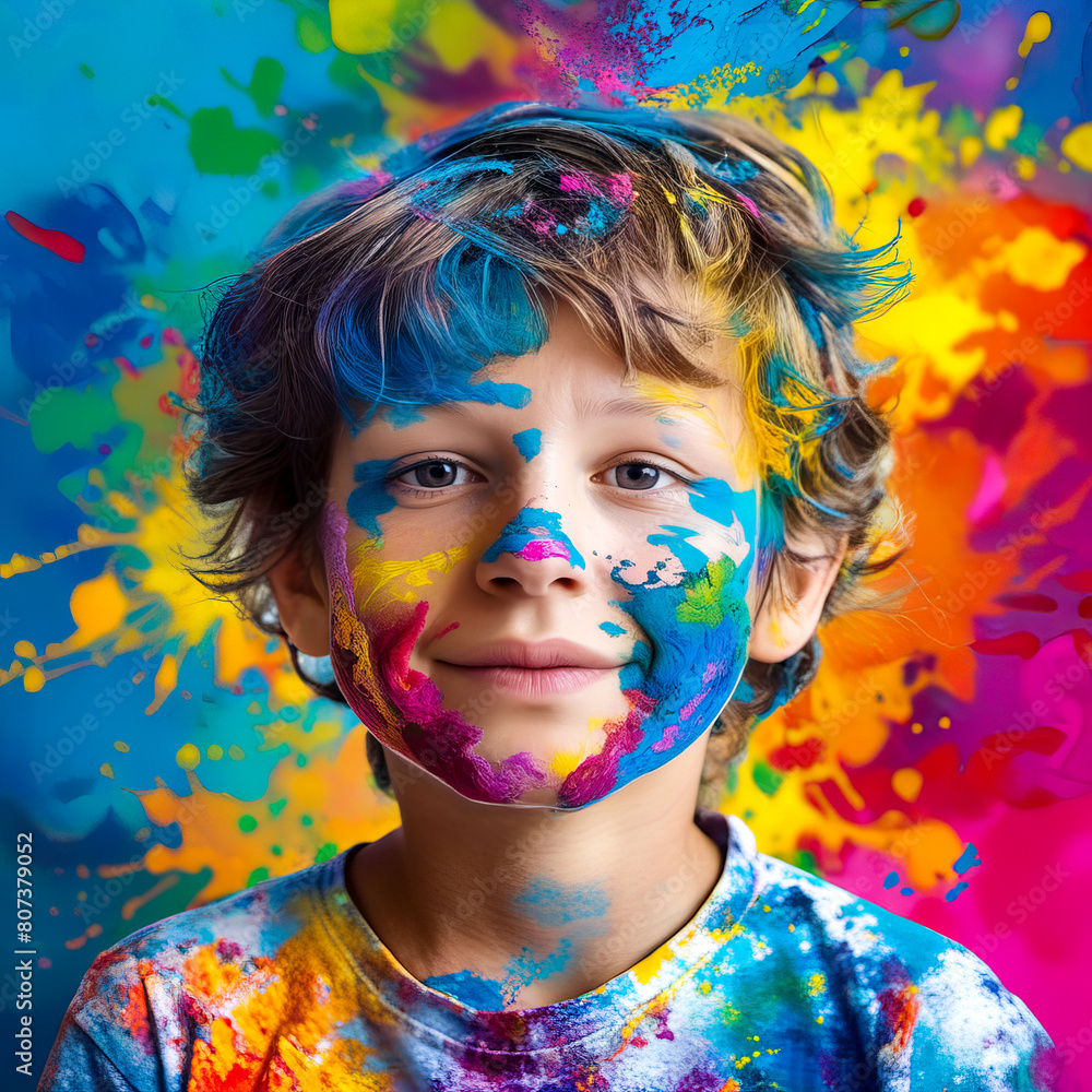 A young boy with colorful face paint is smiling