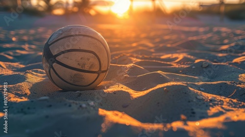 A volleyball rests atop a sandy dune overlooking the beautiful beach landscape, surrounded by aeolian landforms and hardwood flooring AIG50 photo