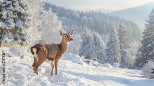 Deer on snow-covered mountain in winter © Ahtesham