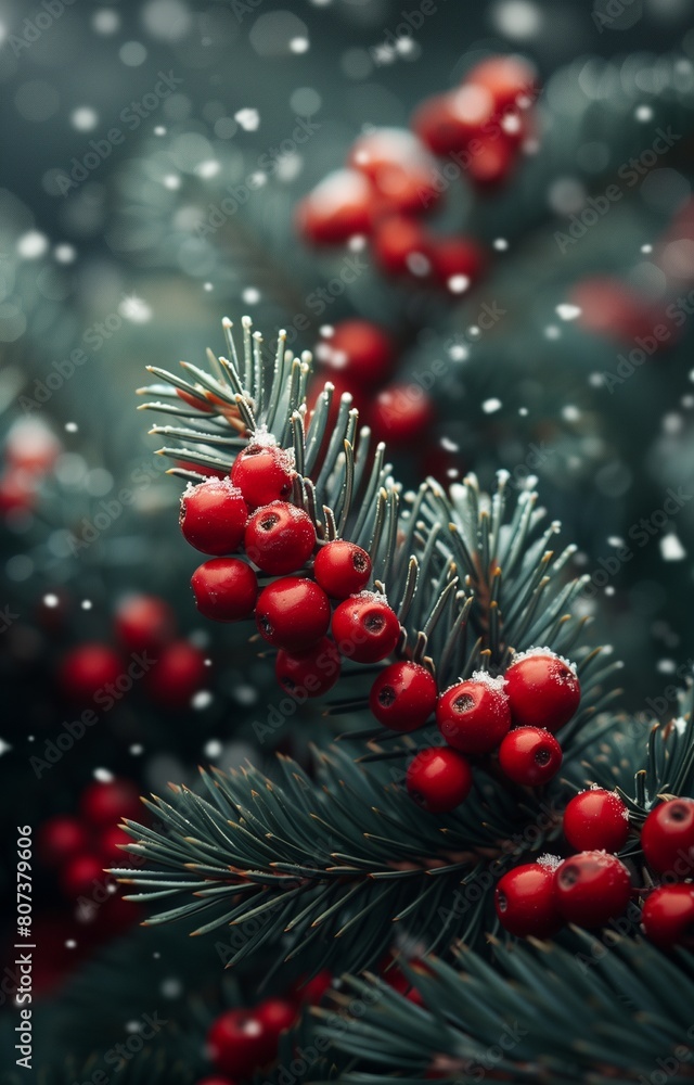 Snow covered green branches adorned with festive red berries create a picturesque Christmas scene Snow covered green branches adorned with festive red berries create a picturesque Christmas scene