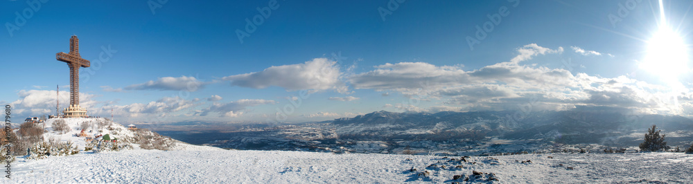 Panoramic view from the top of the Vodno mountain over the city of Skopje. The Millennium Iron Cross is located on the highest peak of the mountain. 