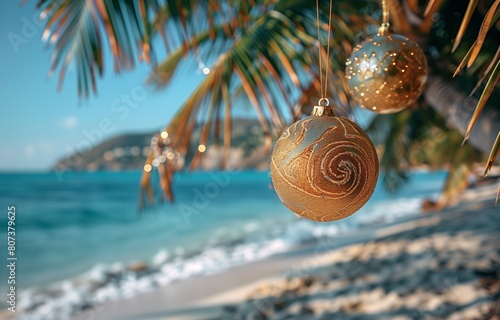 Golden Christmas ornaments adorn palm branches, casting festive glimmers against the serene azure sea photo