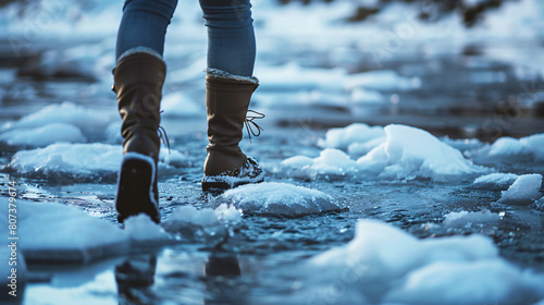 Close up of a womans legs walking on a frozen lake