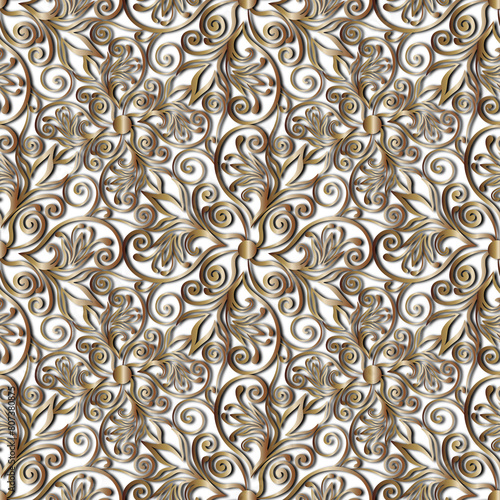 Swirl ornament, golden pattern on white background. Seamless floral pattern-320.