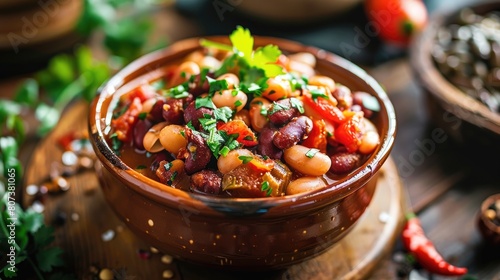 Vegetarian dish of red and white beans and other vegetables in a beautiful plate sprinkled with herbs photo