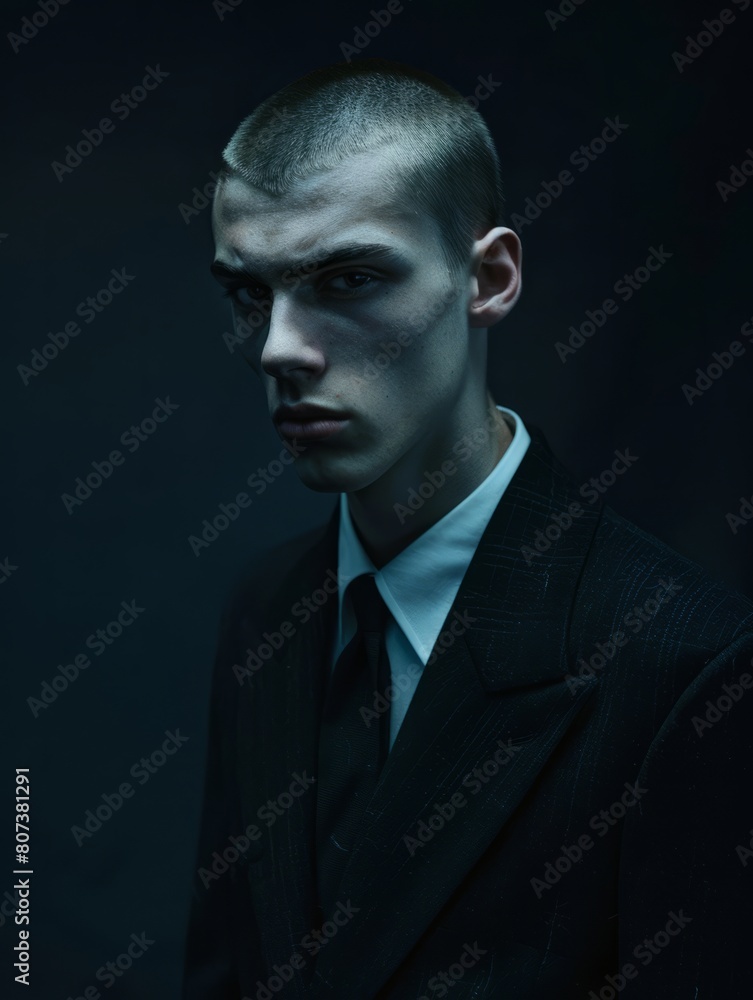 A moody and atmospheric portrait of a young man with a piercing gaze, set against a dark backdrop, perfect for fashion editorials or dramatic character studies. A moody and atmospheric portrait of a young man with a piercing gaze, set against a dark backdrop, perfect for fashion editorials or dramatic character studies.