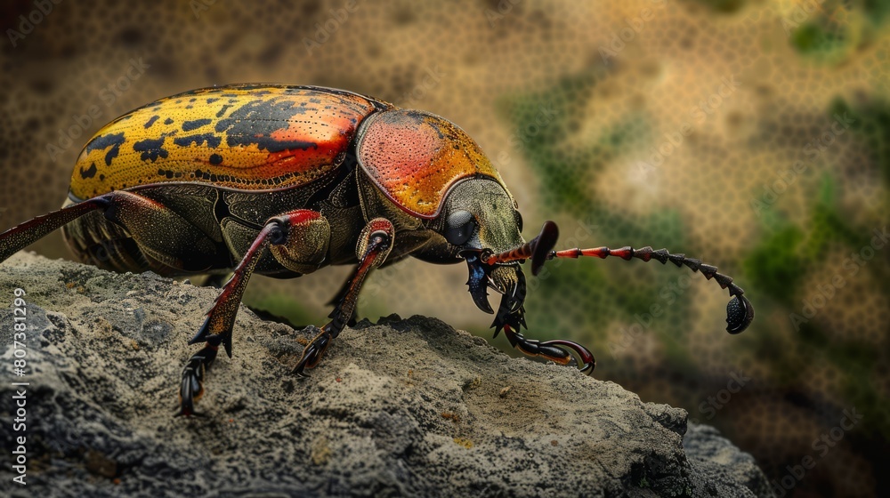 A vivid macro shot of a colorful beetle, showcasing intricate details and textures, perfect for nature blogs, educational materials, or wildlife photography exhibits. A vivid macro shot of a colorful beetle, showcasing intricate details and textures, perfect for nature blogs, educational materials, or wildlife photography exhibits.