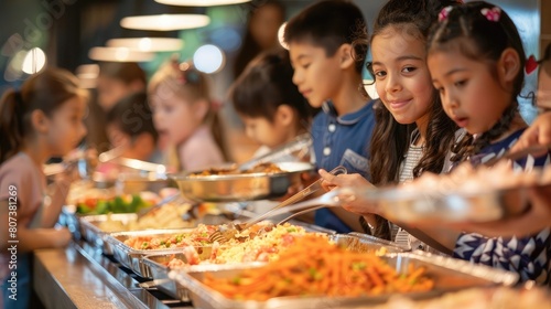 Elementary students at buffet line  enjoying variety of food options
