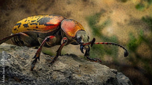 A vivid macro shot of a colorful beetle, showcasing intricate details and textures, perfect for nature blogs, educational materials, or wildlife photography exhibits.