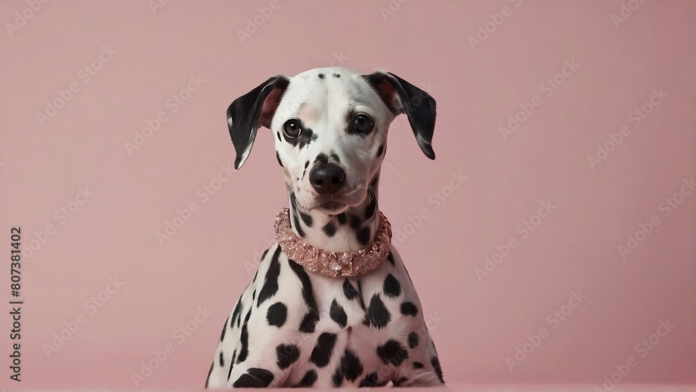 Dalmatian dog puppy in glam fashionable couture high end outfits isolated background advertisement, copy space created with generative ai
