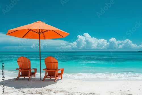 Tropical beach with bright orange umbrella and matching chairs on white sand.