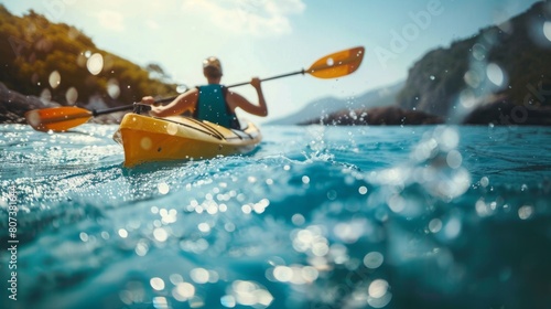 A person is actively paddling a kayak through the water. © Prostock-studio